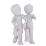 Two generic 3d figures walking together, hand on shoulder