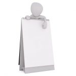 Generic 3D figure posing next to giant notebook